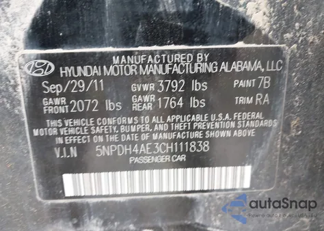 2012 Hyundai Elantra Gls z USA, uszkodzony, nr VIN 5NPDH4AE3CH111838